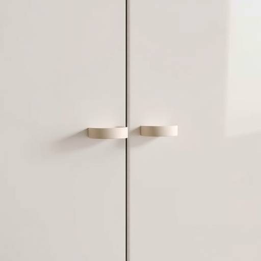 Close-up of a handleless kitchen cabinet with a pale stone finish, highlighting the soft-close mechanism.