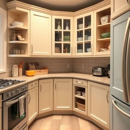 Corner kitchen layout maximizing space with deep cabinets and a Lazy Susan, providing efficient storage.