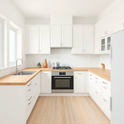 Minimalist kitchen with white cabinets and light wood countertops