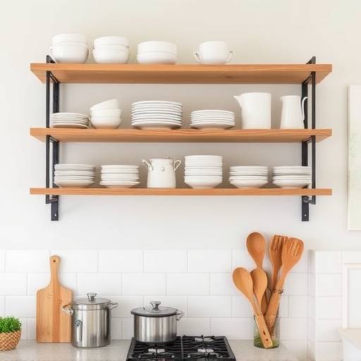 Open shelving design in a modern kitchen with curated display of minimalist white ceramics and wooden utensils.