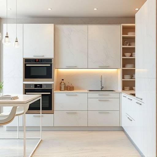 Pale stone kitchen with integrated appliances and hidden storage